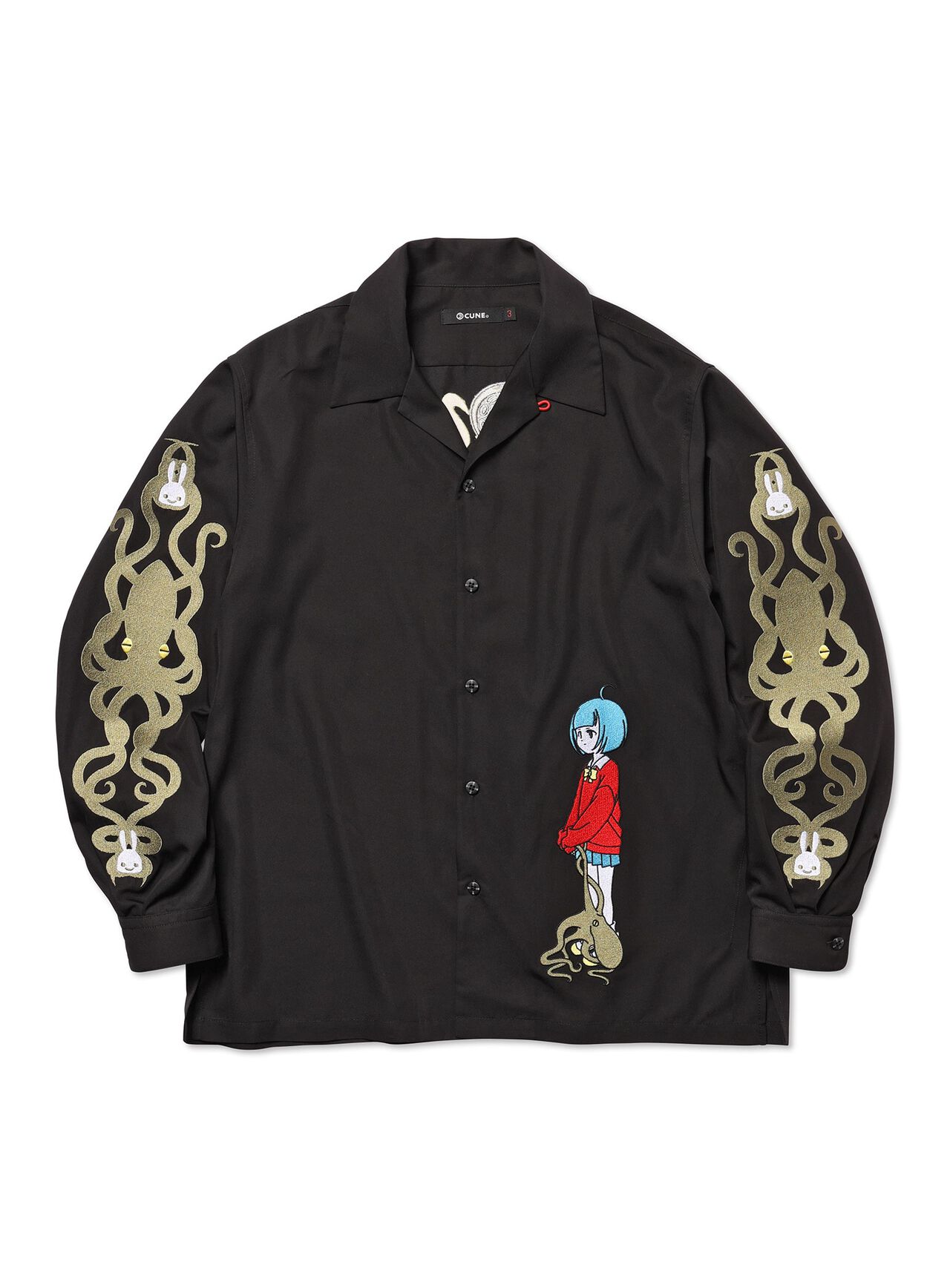 Long-sleeved open-collared shirt with embroidery of a sea cucumber and human,, large image number 1