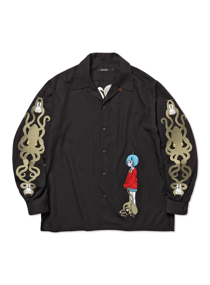 Long-sleeved open-collared shirt with embroidery of a sea cucumber and human