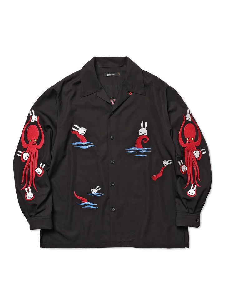 Long-sleeved open-collared shirt with embroidery of sea cucumber